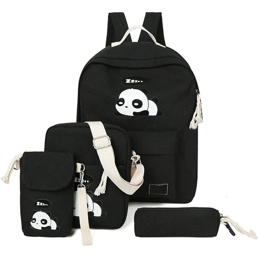 4Pcs Cute Panda Backpack for Girls, Women - Color: BLACK